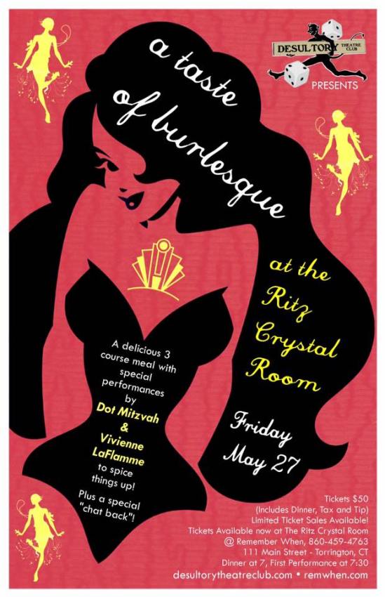 Join The Desultory Theatre Club at a special performance at The Ritz Crystal Room on Friday, May 27th, including a 3-course meal, burlesque, and a special chat back at the end of the evening!